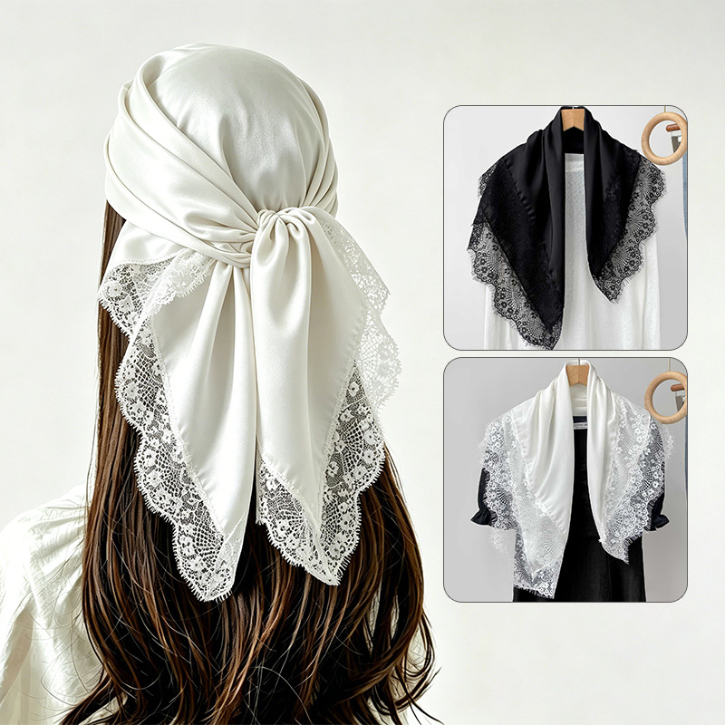 Head Wrap Turban - 70x70cm 정사각형 스카프 여성용 레이스 트림